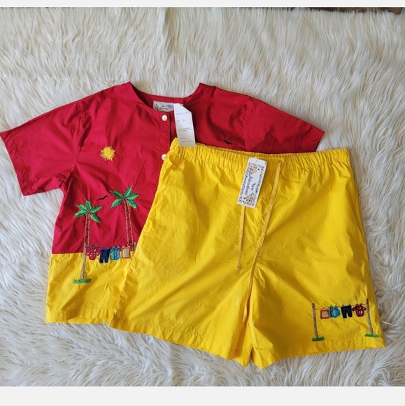 Shirt Shorts Set Embroidered Yellow Red Sz M Women Palm Tree Vacation Tropical - Picture 1 of 12